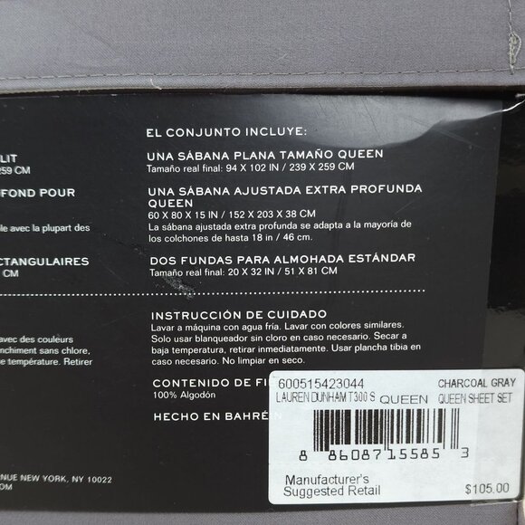 Ralph Lauren Dunham Sateen Queen Sheet Set 300 Thread Count Charcoal Gray Cotton - Picture 4 of 6